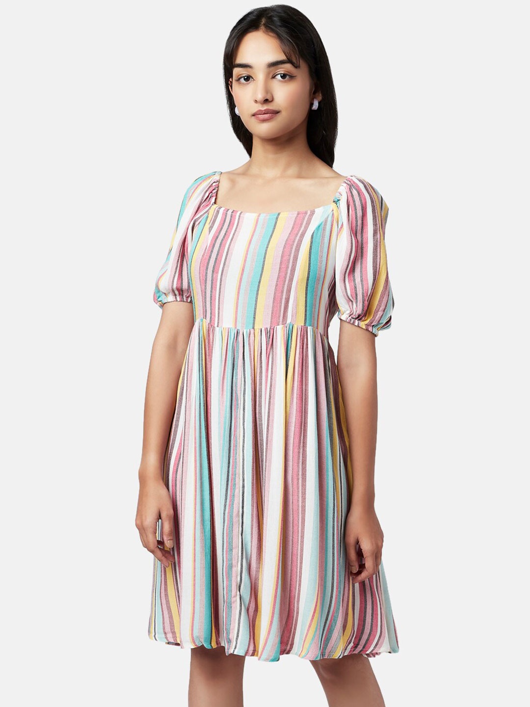 

YU by Pantaloons Off White Cotton Striped Dress