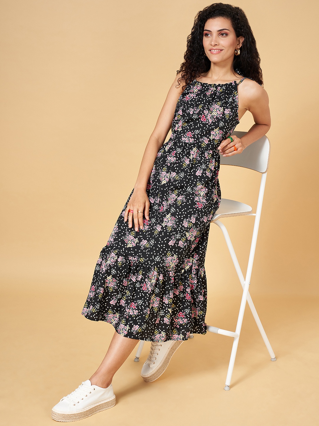 

YU by Pantaloons Black Floral Ethnic A-Line Midi Dress
