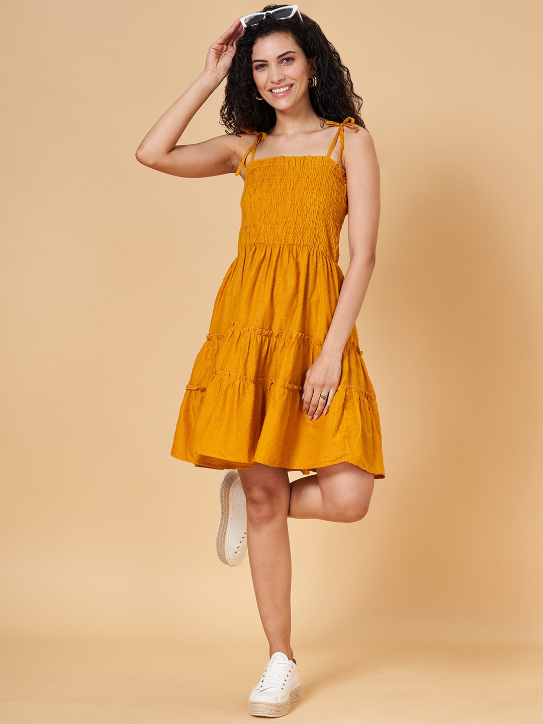 

YU by Pantaloons Shoulder Straps Flared Cotton Dress, Mustard