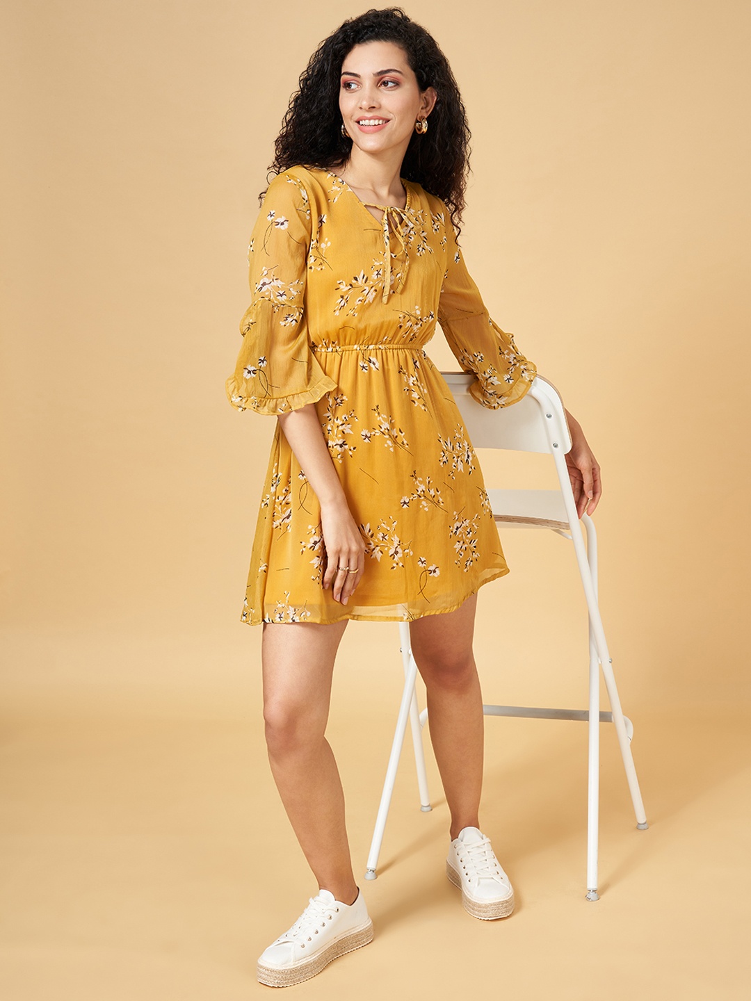 

YU by Pantaloons Mustard Yellow Floral Keyhole Neck Ethnic Dress
