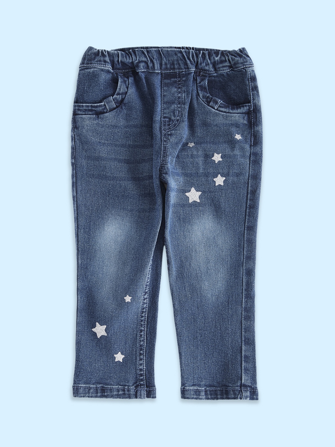 

Pantaloons Baby Girls Low-Rise Light Fade Cotton Printed Jeans, Blue