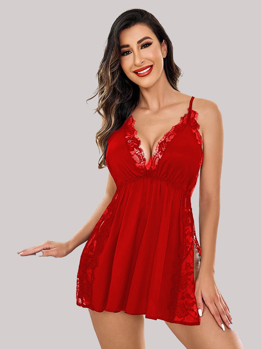 

Herryqeal V-Neck Satin Sexy Baby Doll, Red
