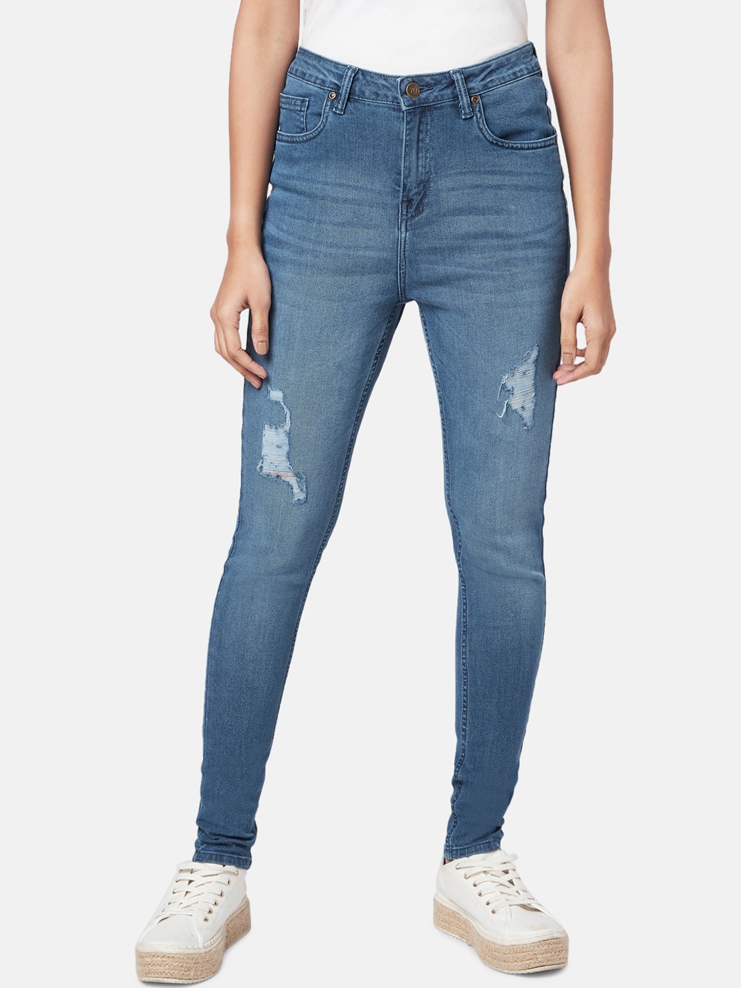 

YU by Pantaloons Women Skinny Fit Mildly Distressed Heavy Fade Jeans, Blue
