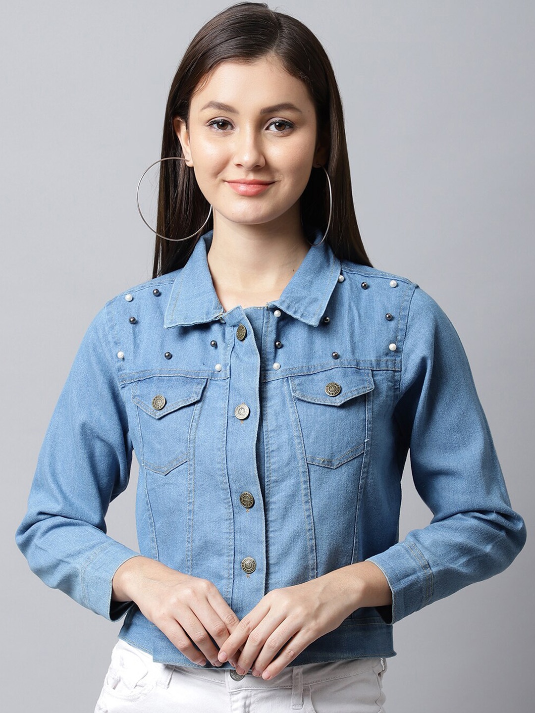 

ELLIS Women Embroidered Crop Cotton Denim Jacket, Blue