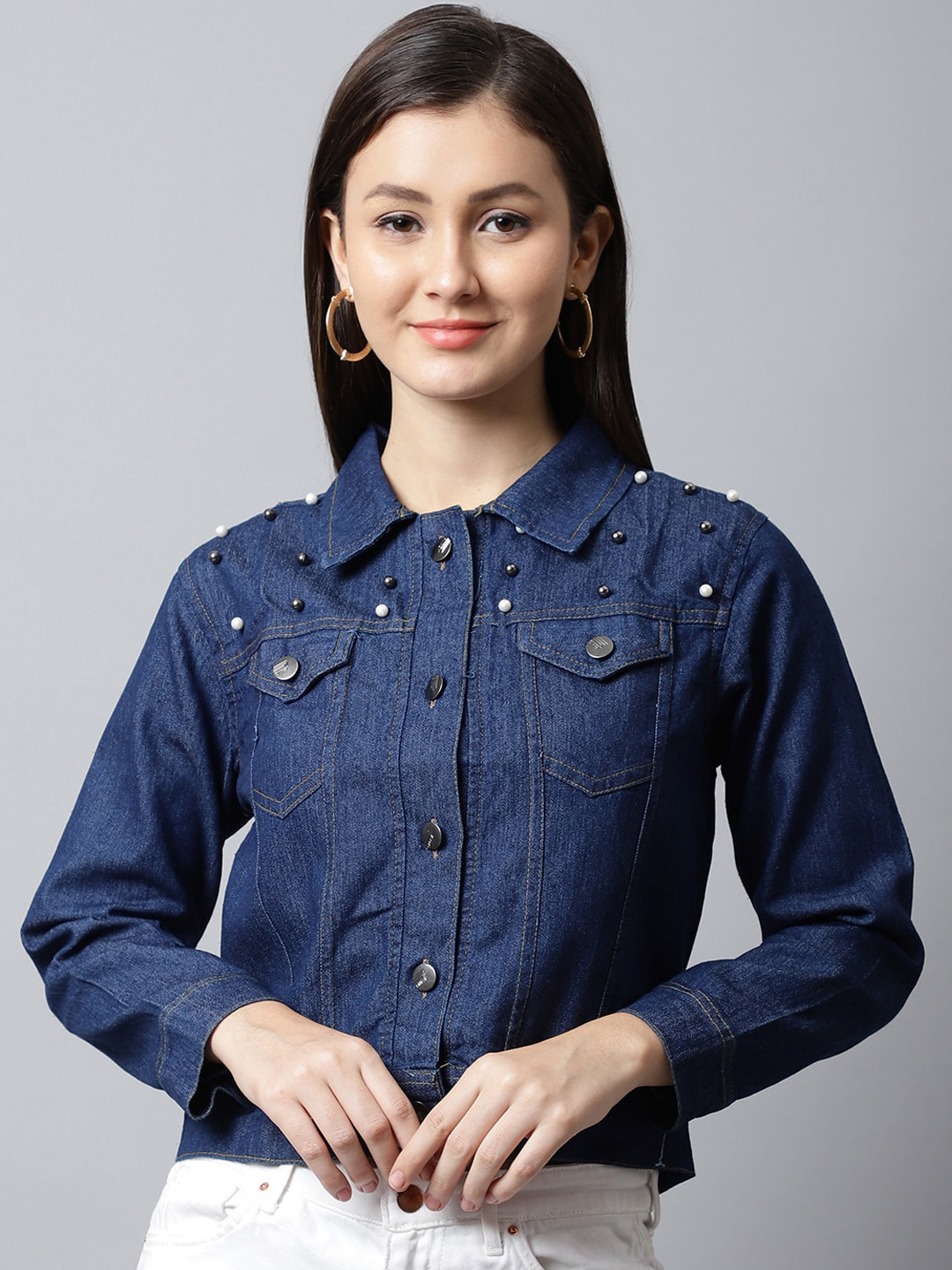 

ELLIS Women Cotton Crop Denim Jacket, Blue