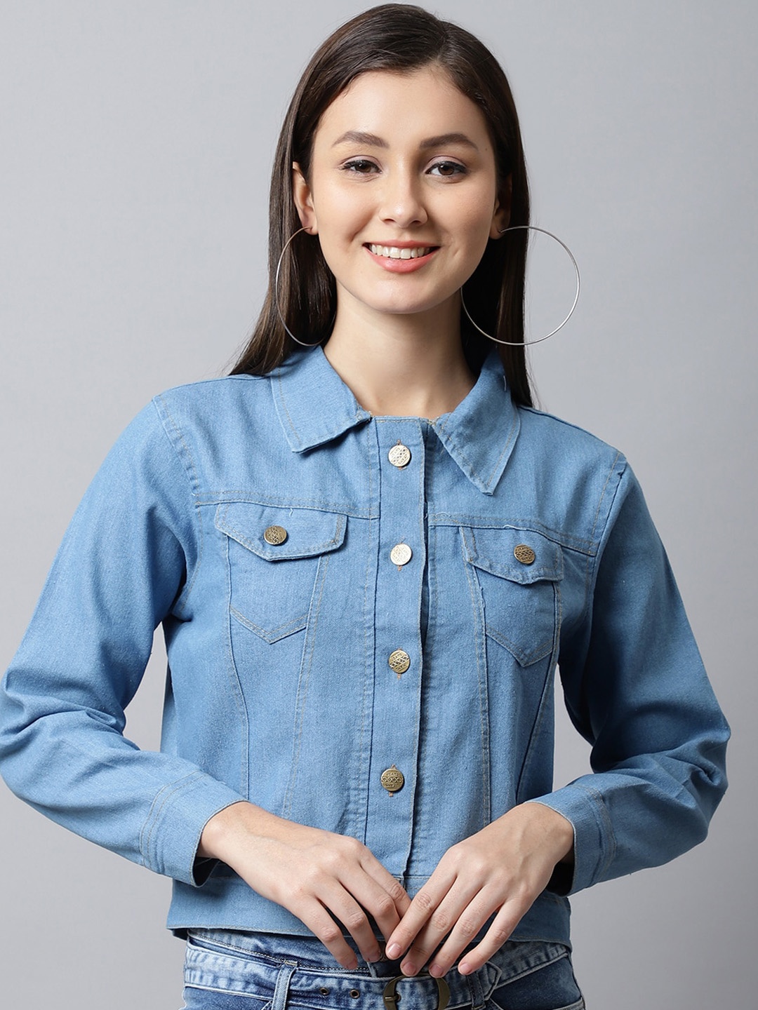 

ELLIS Women Solid Cotton Crop Denim Jacket, Blue