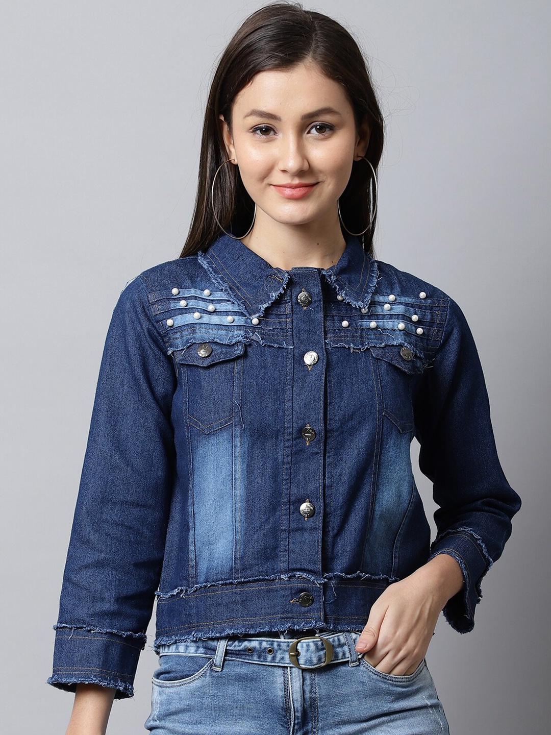 

ELLIS Women Embellished Crop Denim Jacket, Blue