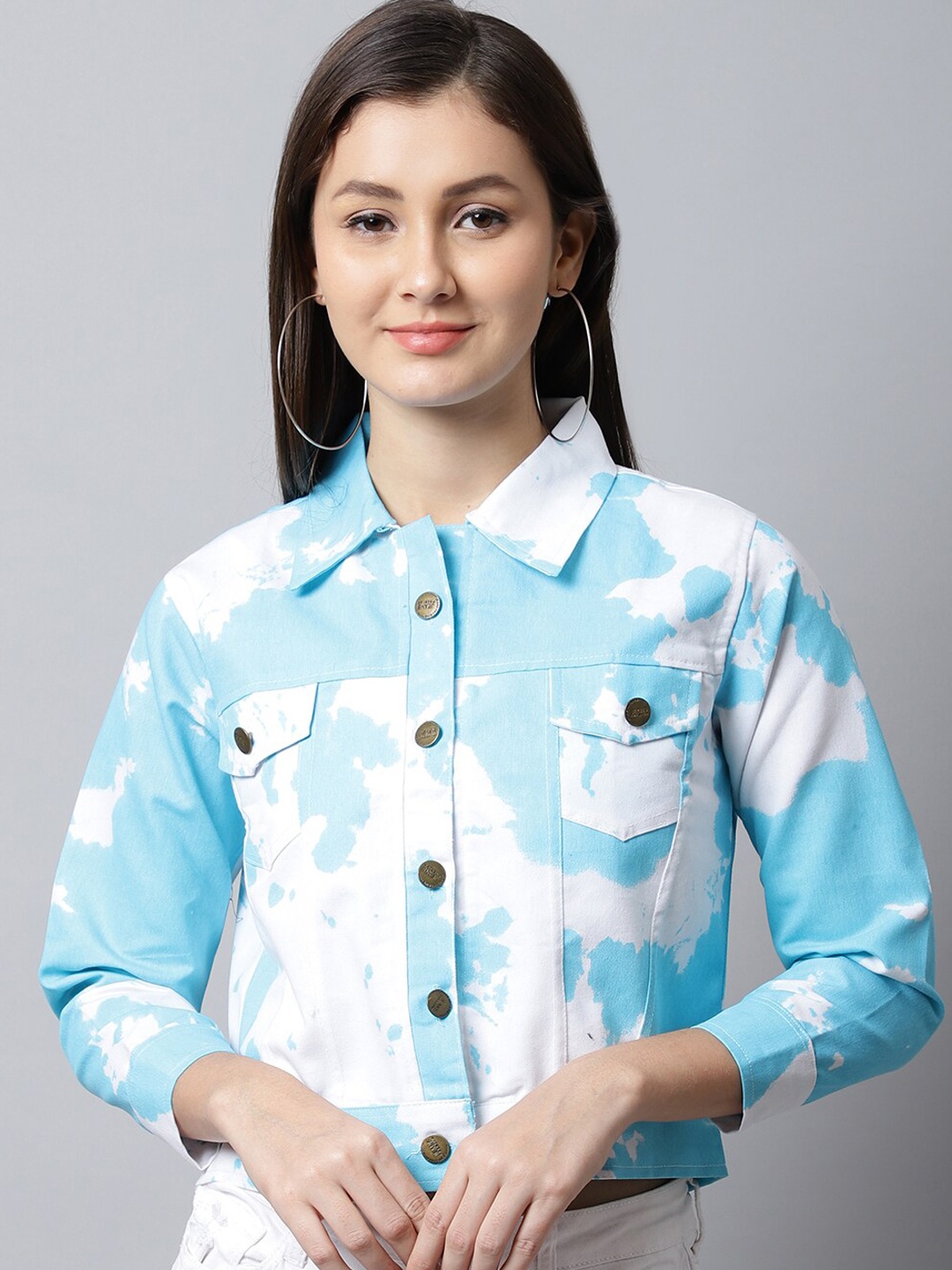 

ELLIS Women Printed Crop Denim Jacket, Blue