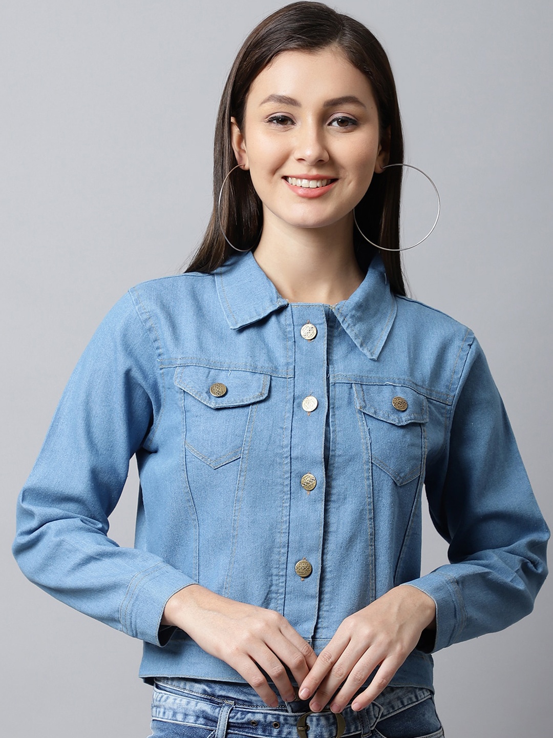

ELLIS Women Cotton Crop Denim Jacket, Blue