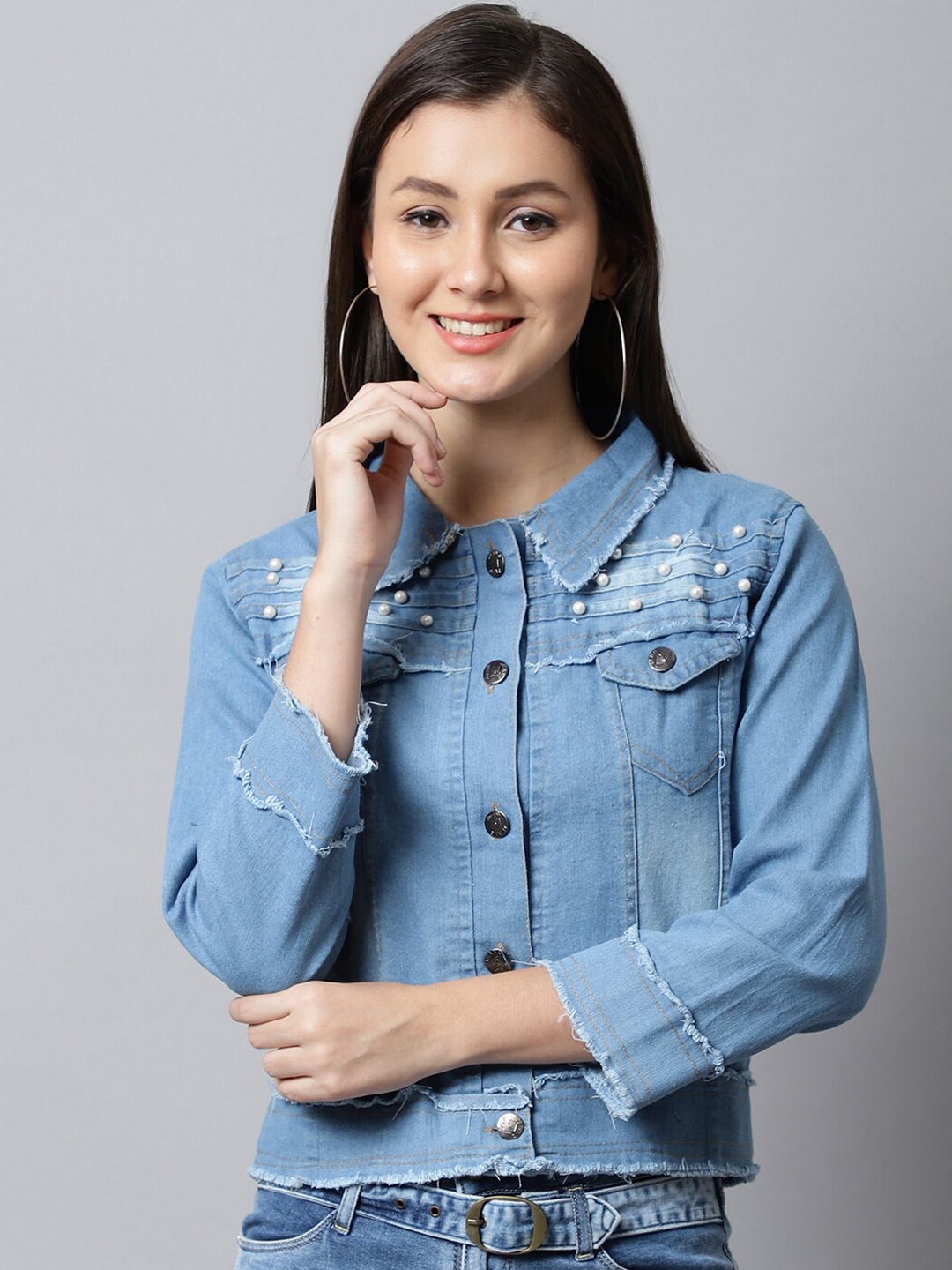 

ELLIS Women Washed Embellished Crop Denim Jacket, Blue