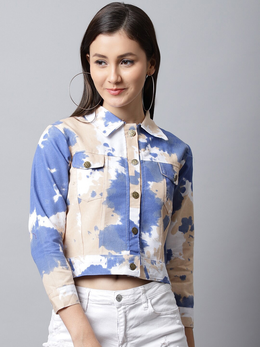 

ELLIS Women Printed Crop Denim Jacket, Blue