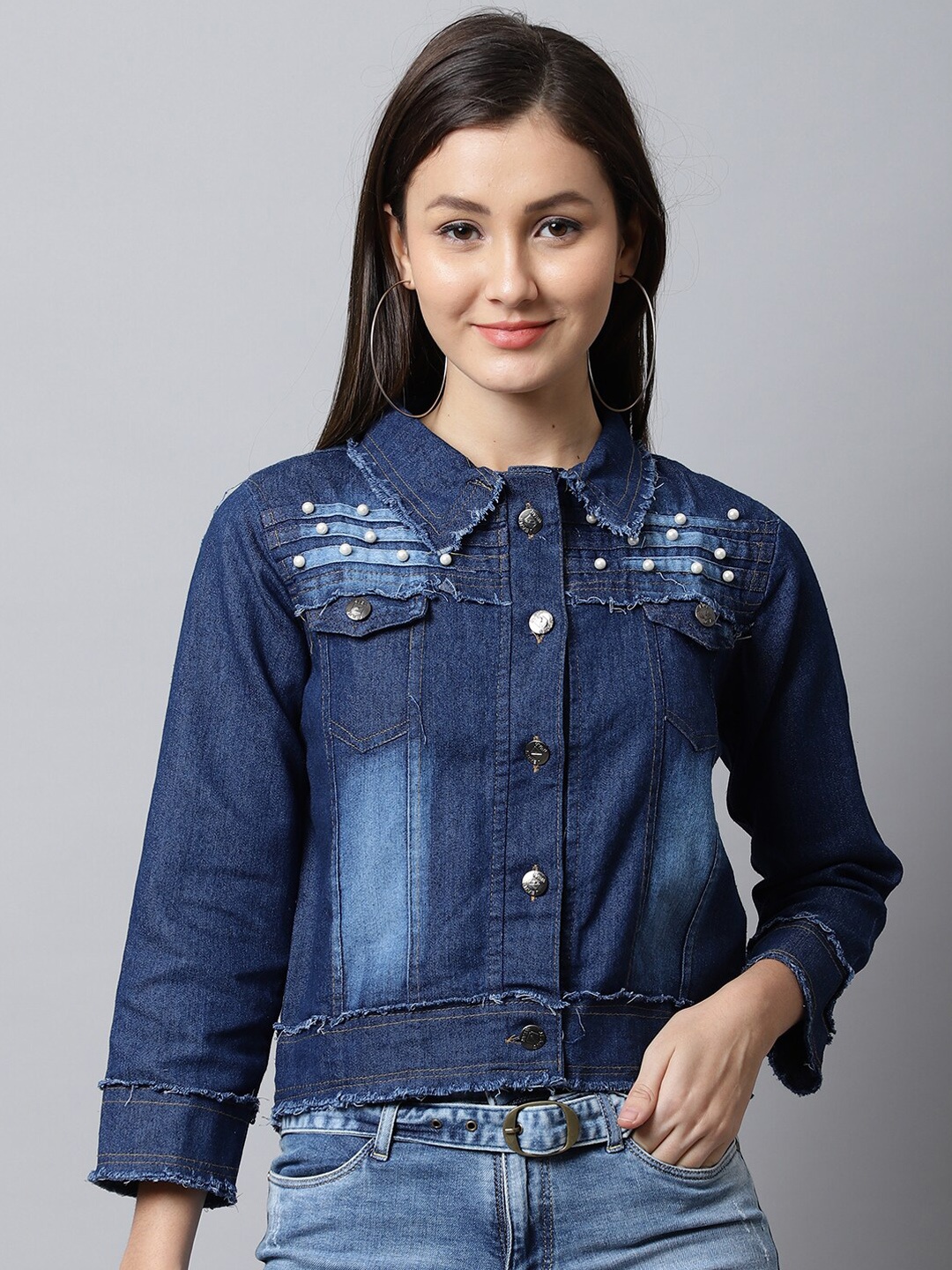 

ELLIS Women Washed Embellished Crop Denim Jacket, Blue