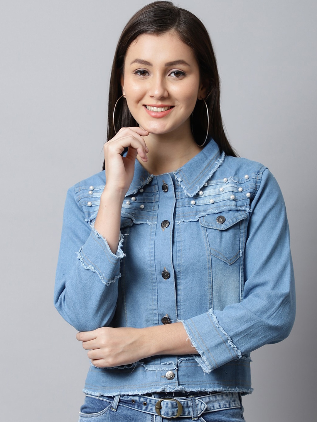 

ELLIS Women Washed Embellished Crop Denim Jacket, Blue