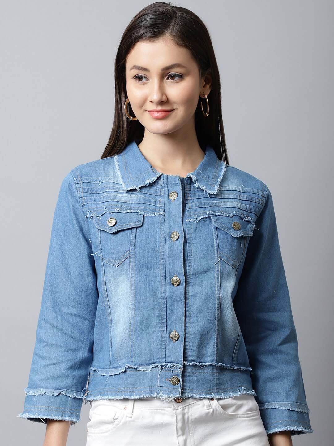 

ELLIS Women Washed Crop Denim Jacket, Blue