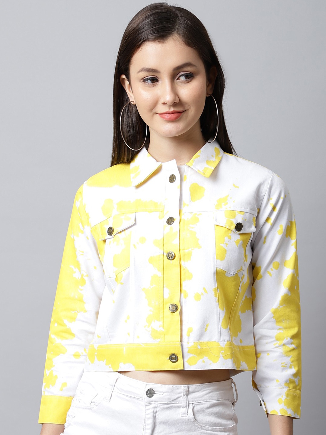

ELLIS Women Tie and Dye Cotton Crop Denim Jacket, Yellow
