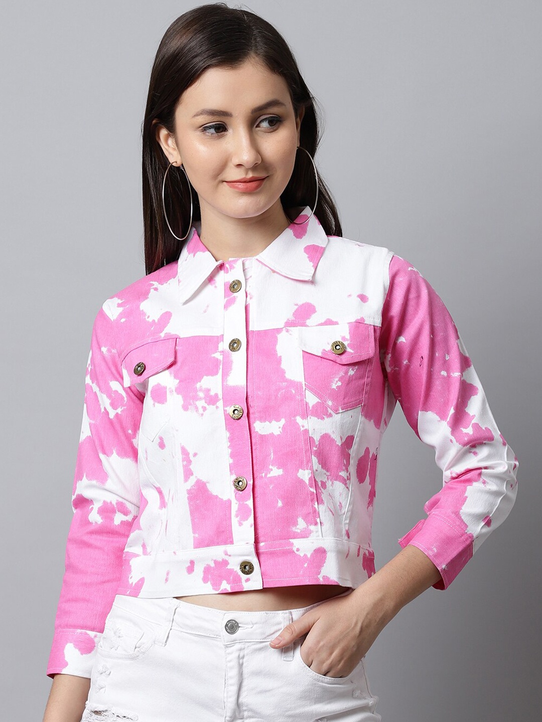 

ELLIS Women Printed Crop Denim Jacket, Pink