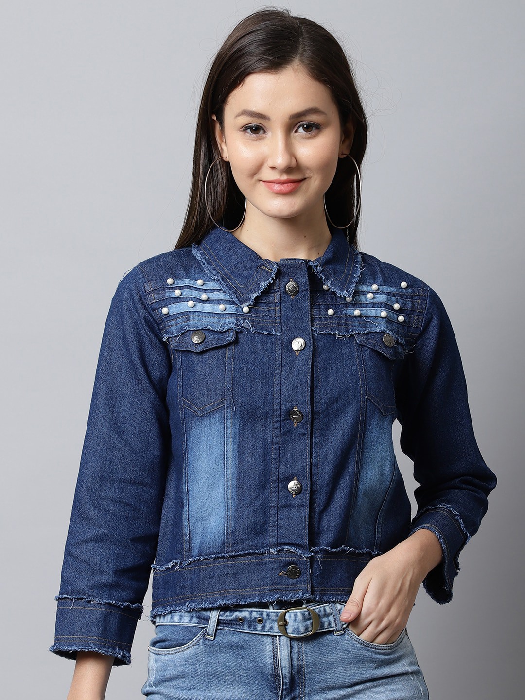 

ELLIS Women Cotton Crop Denim Jacket, Blue