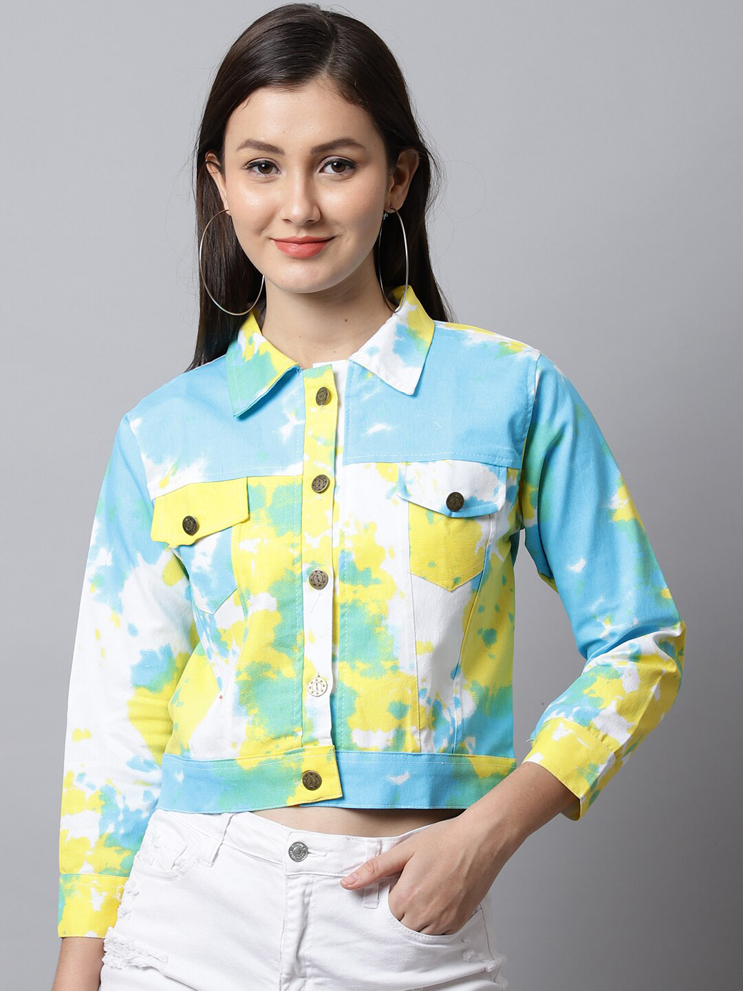

ELLIS Women Printed Crop Denim Jacket, Blue