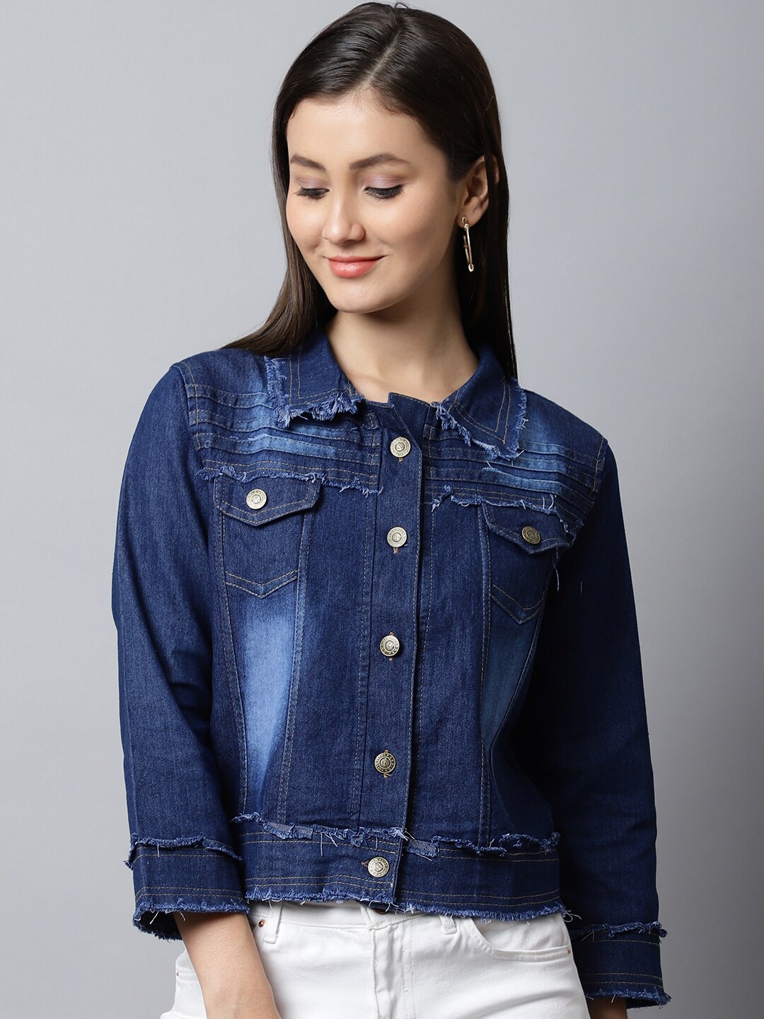 

ELLIS Women Washed Crop Denim Jacket, Blue