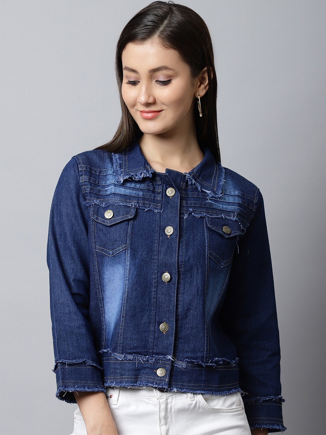 

ELLIS Women Washed Crop Denim Jacket, Blue