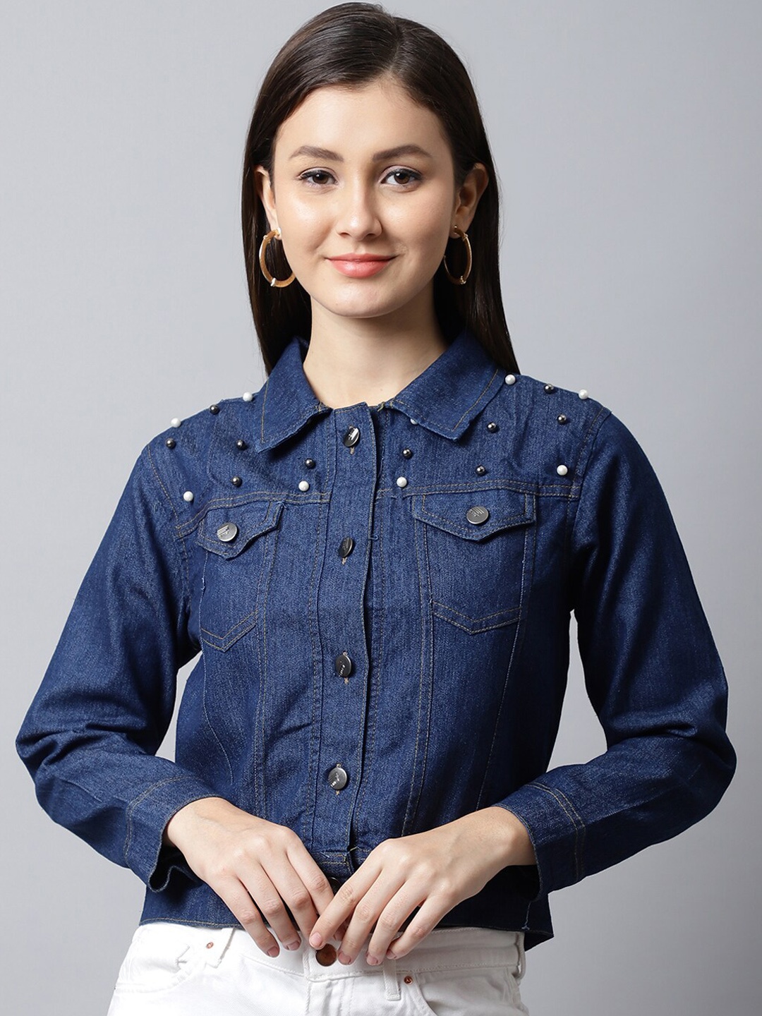 

ELLIS Women Embellished Crop Denim Jacket, Blue