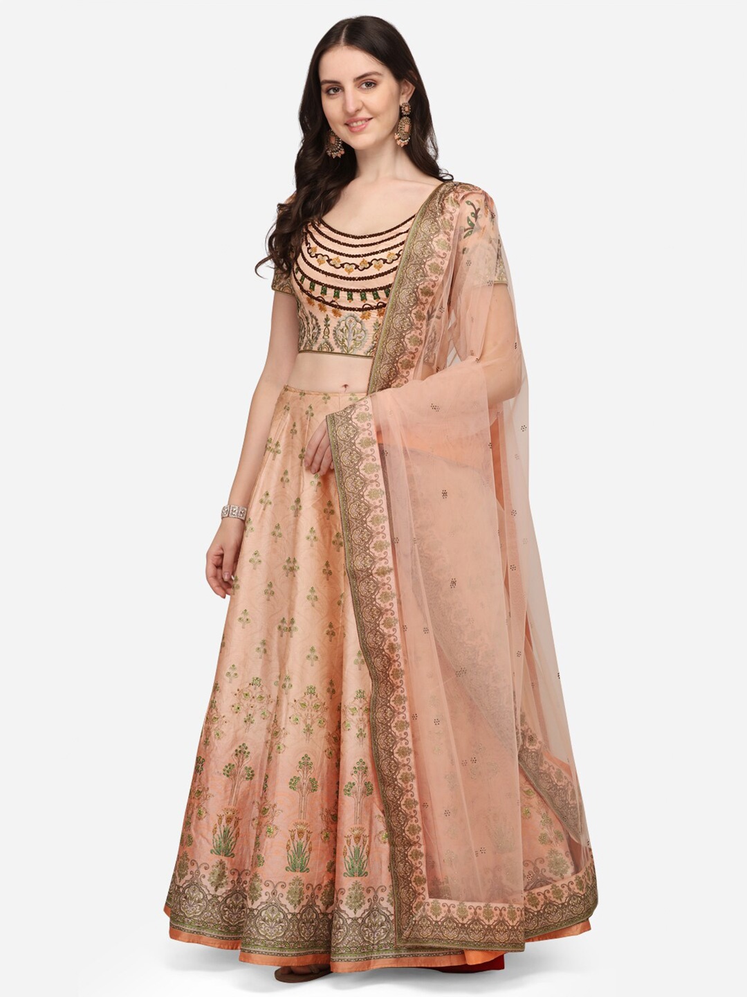 

SAPTRANGI Embroidered Thread Work Semi-Stitched Lehenga & Unstitched Blouse With Dupatta, Peach