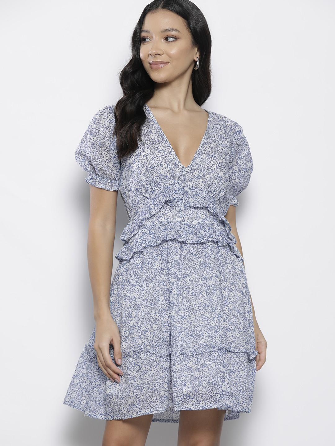 

NASTY GAL Floral Print Puff Sleeve Ruffled Tiered A-Line Dress, Blue