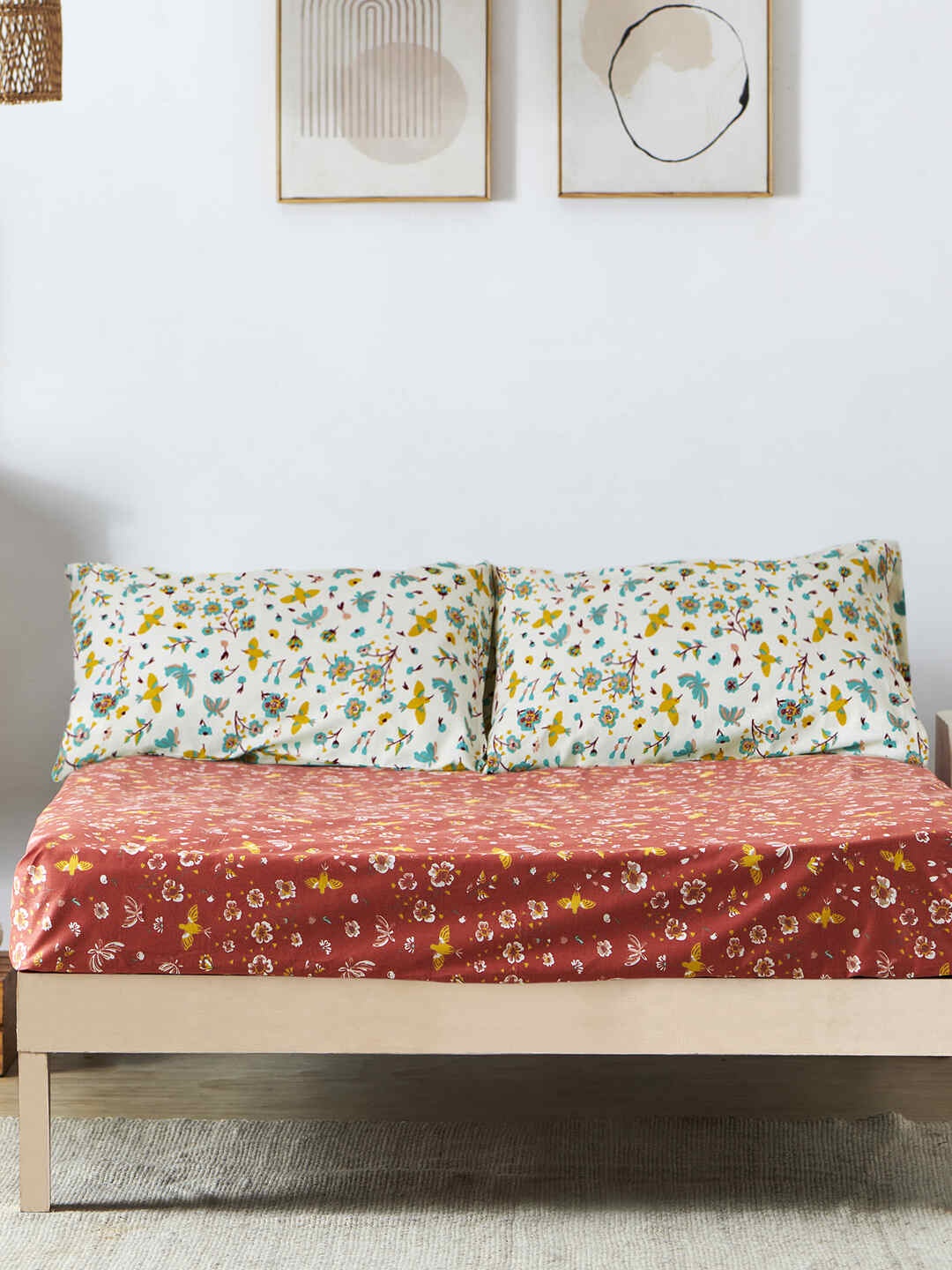 

Chumbak Floral 130 TC Queen Bedsheet With 2 Pillow Covers, Brown