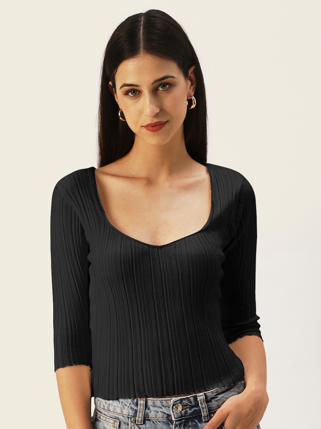 

DressBerry Knitted Sweetheart Neck Top, Black