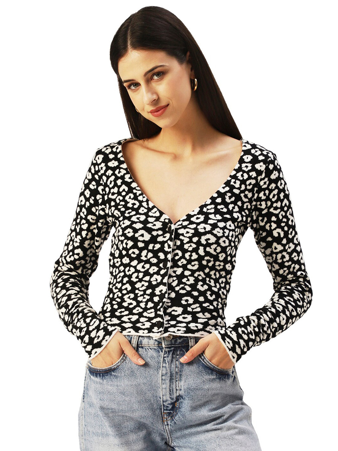 

4WRD by Dressberry Printed V Neck Top, Black