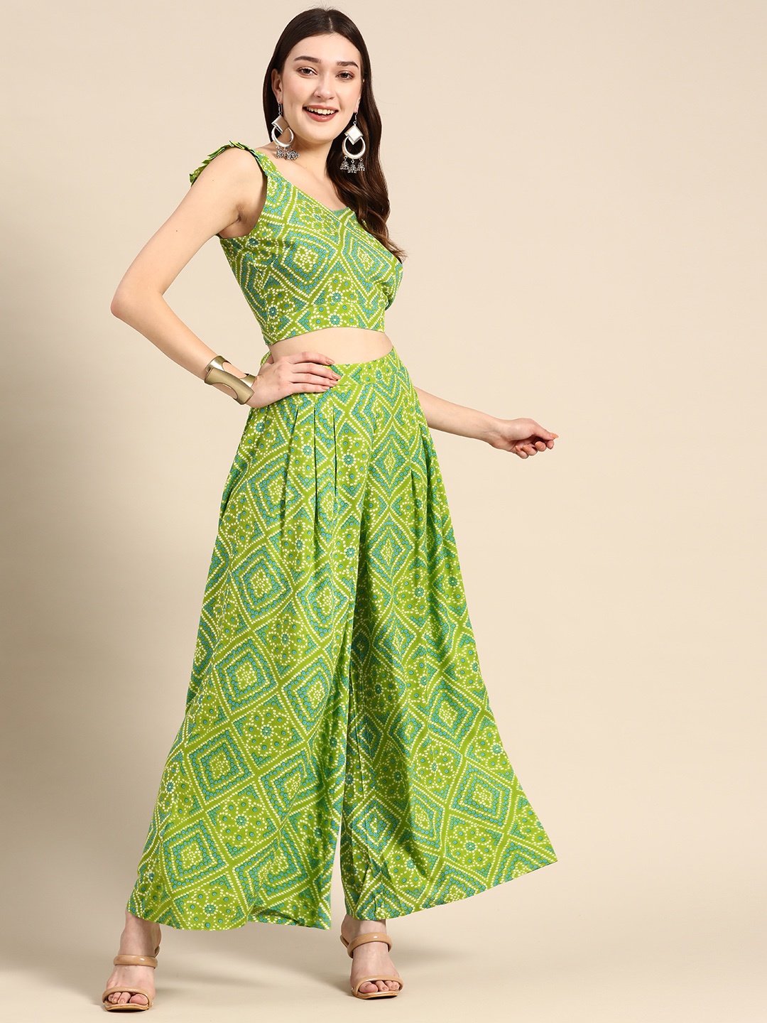 

MABISH by Sonal Jain Women Bandhani Printed Top with Palazzos, Lime green
