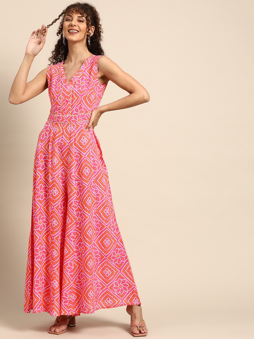 

MABISH by Sonal Jain Bandhani Printed Basic Jumpsuit, Pink