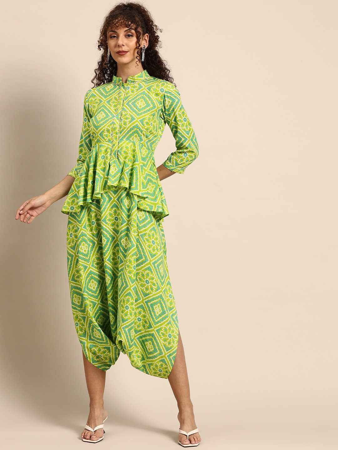 

MABISH by Sonal Jain Bandhani Printed Ruffles Capri Jumpsuit, Lime green