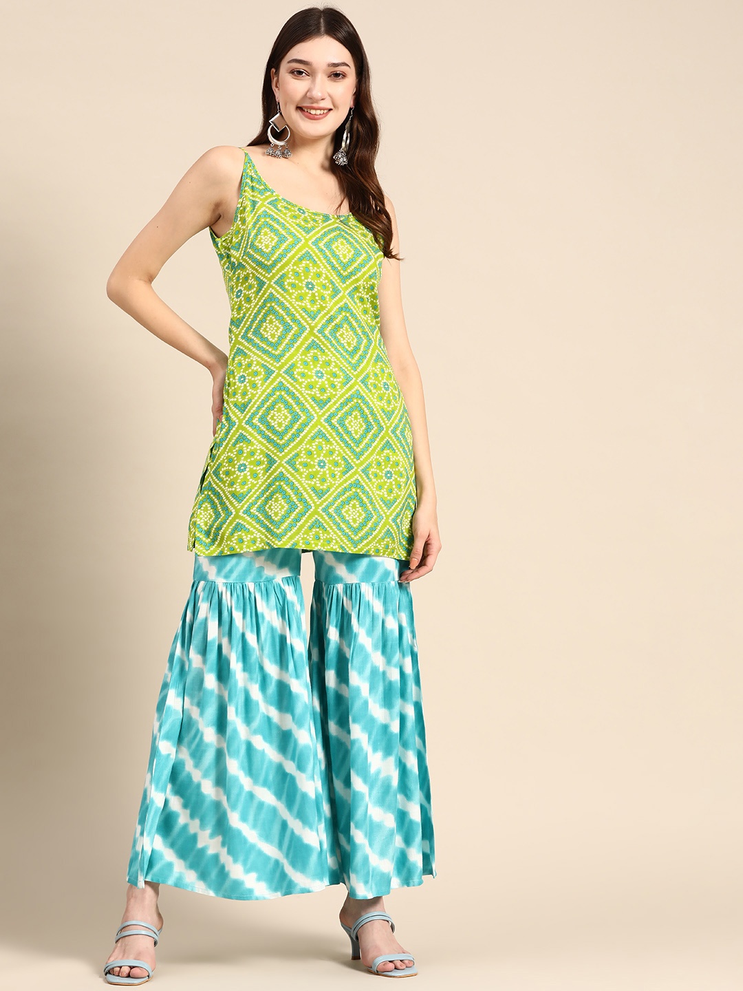 

MABISH by Sonal Jain Women Bandhani Kurti With Leheriya Sharara, Lime green