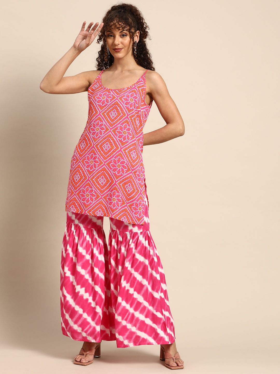 

MABISH by Sonal Jain Women Bandhani Printed Kurti With Sharara, Pink