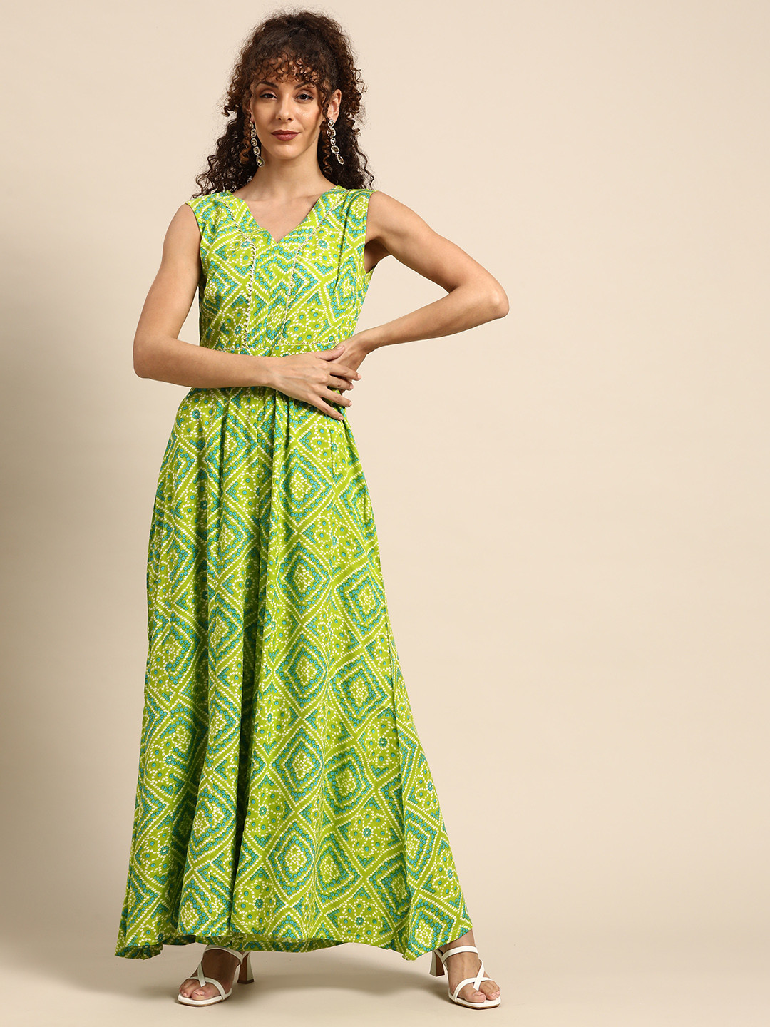 

MABISH by Sonal Jain Bandhani Printed Embellished Culotte Jumpsuit, Lime green