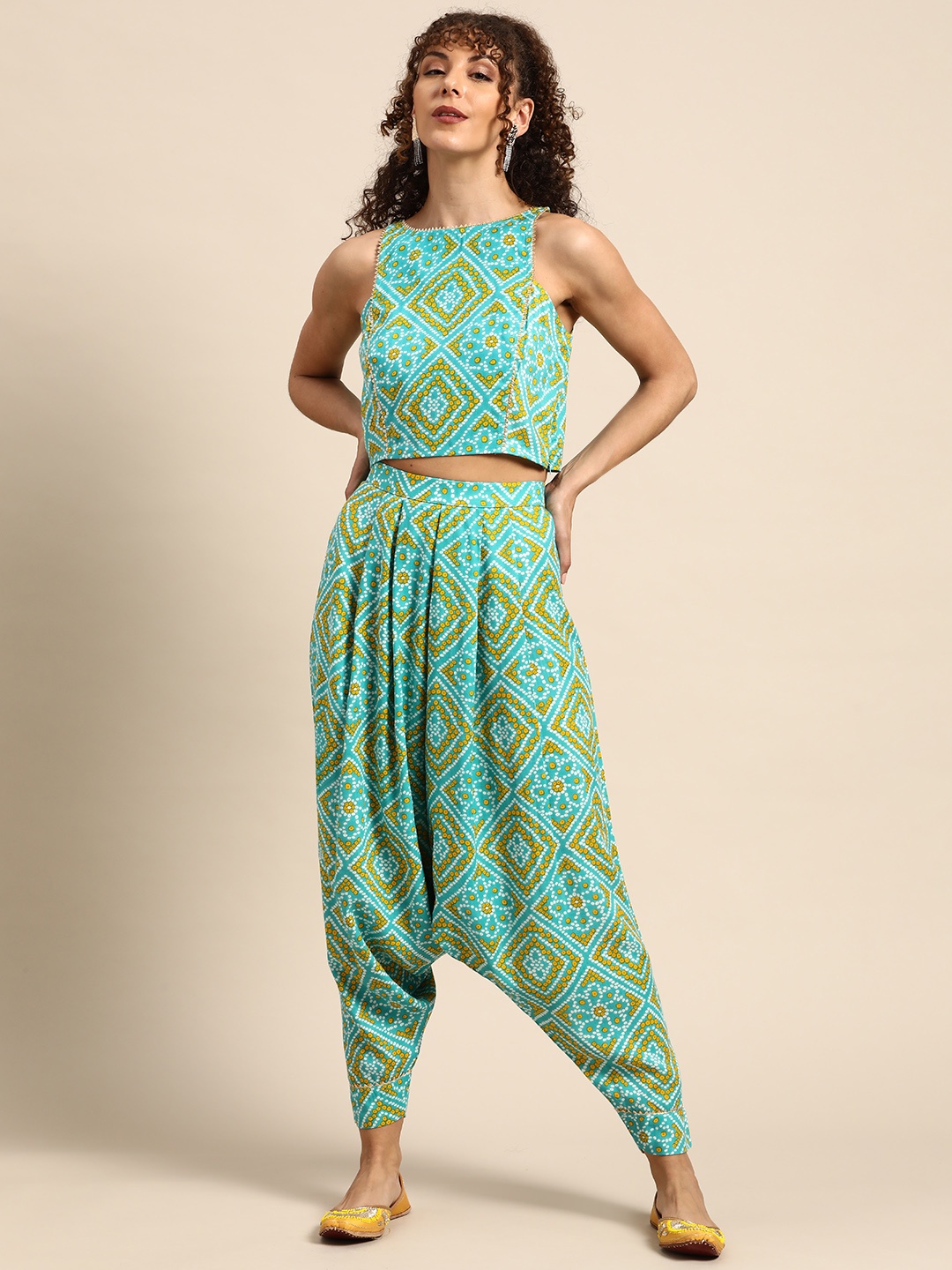 

MABISH by Sonal Jain Printed Crop Top With Dhoti Pants, Turquoise blue