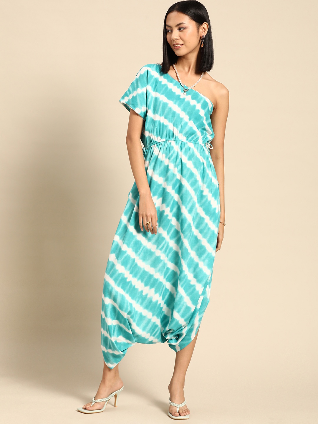 

MABISH by Sonal Jain Turquoise Blue & White Striped Dhoti Jumpsuit