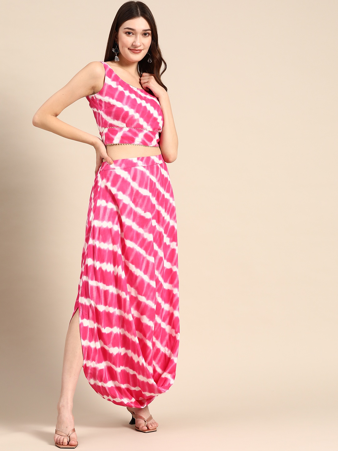 

MABISH by Sonal Jain Women Dyed Crop Top With Dhoti Skirt With Gotta Patti Detail, Pink