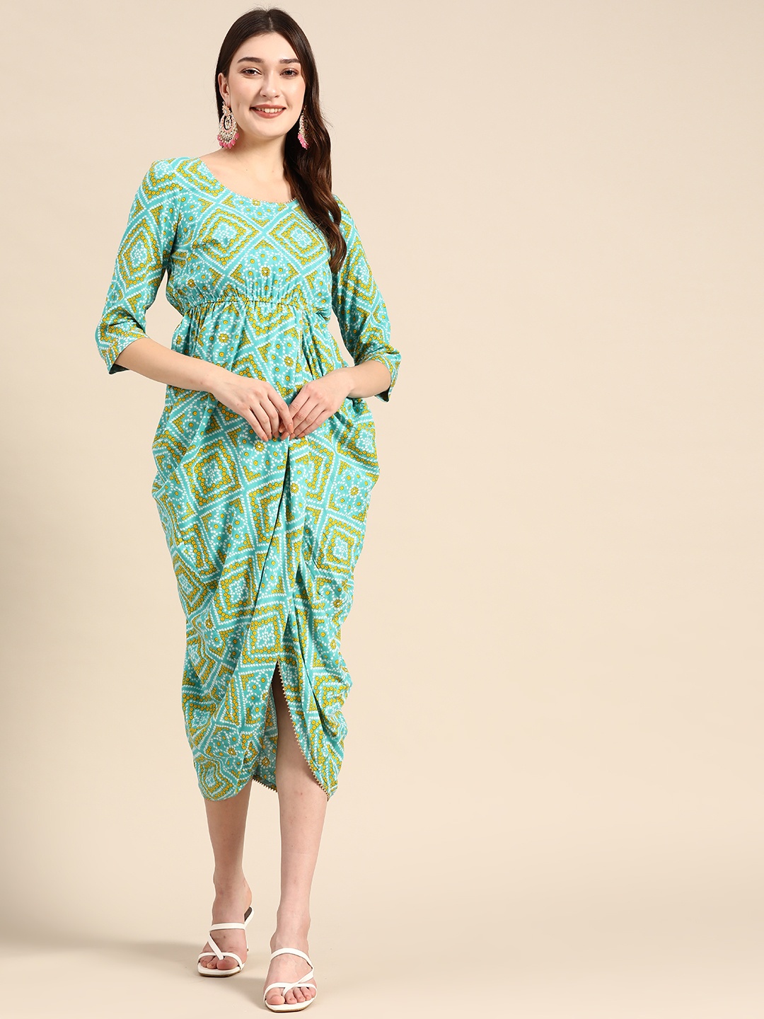 

MABISH by Sonal Jain Bandhani Overlap Midi Ethnic Dress, Turquoise blue