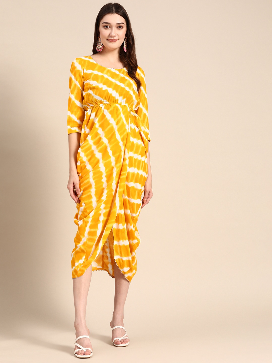 

MABISH by Sonal Jain Leheriya Overlap Midi Ethnic Dress, Yellow