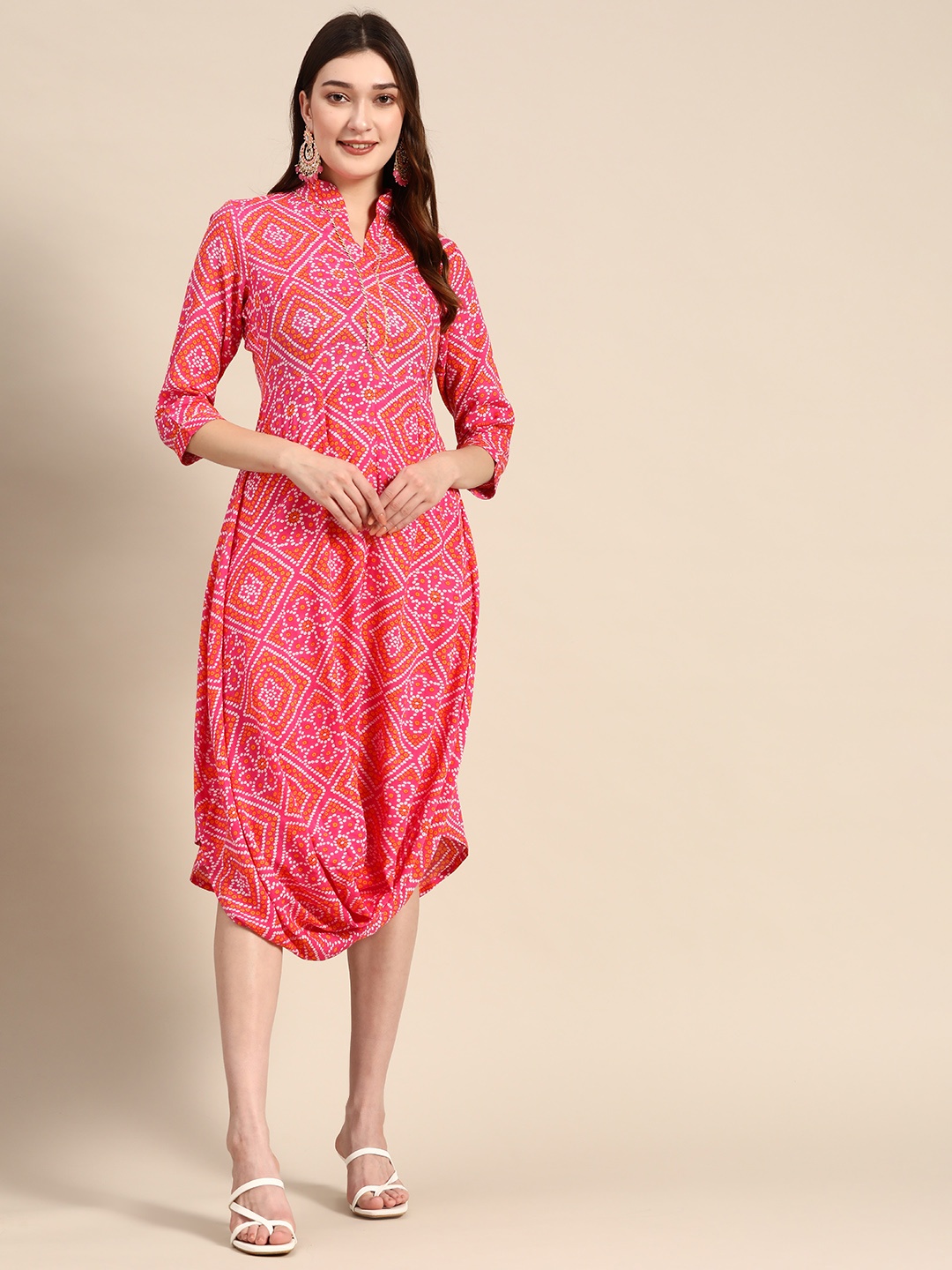 

MABISH by Sonal Jain Mandarin Collar Leheriya Front Cowl Midi Ethnic Dress, Pink