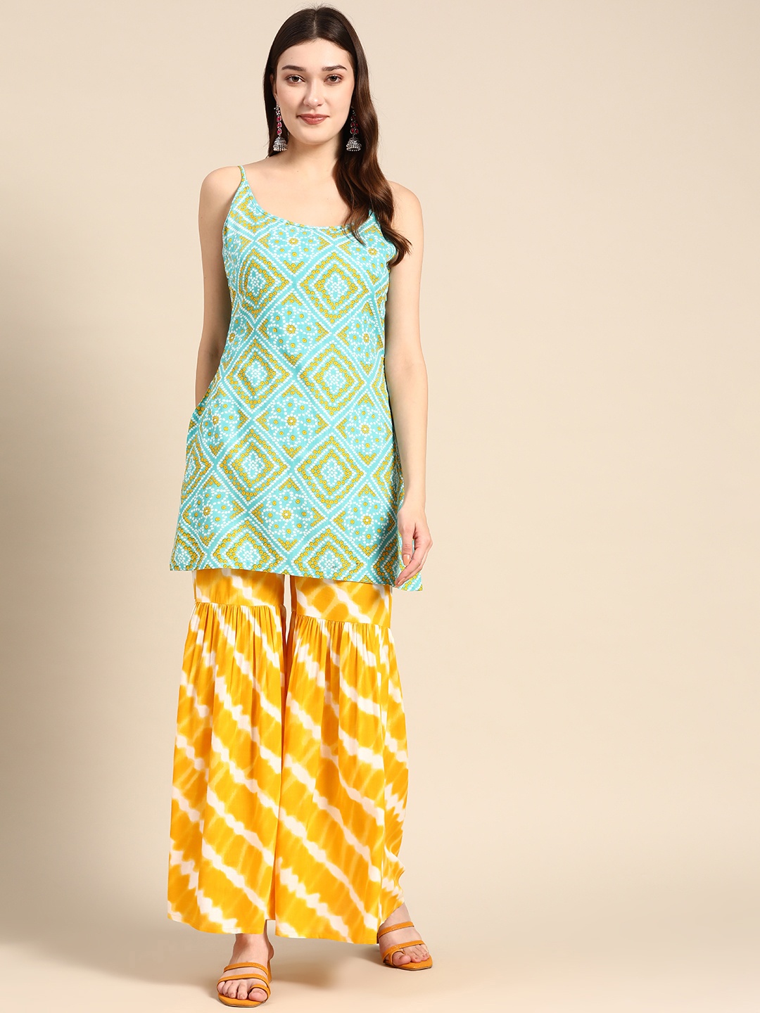 

MABISH by Sonal Jain Women Bandhani Kurti With Leheriya Sharara, Turquoise blue