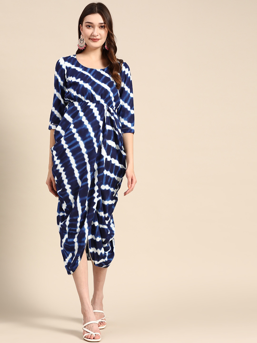 

MABISH by Sonal Jain Leheriya Overlap Midi Ethnic Dress, Navy blue