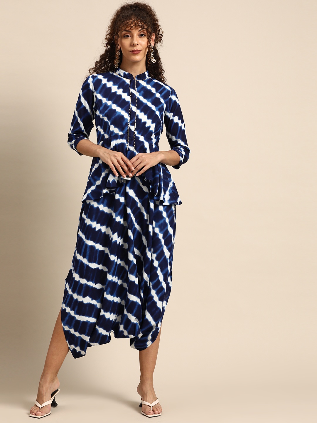 

MABISH by Sonal Jain Printed Mandarin Collar Peplum Dhoti Jumpsuit, Navy blue