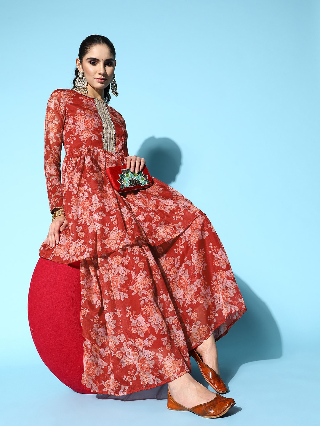 Inddus Women Floral Printed Gotta Patti Kurti With Sharara, Maroon