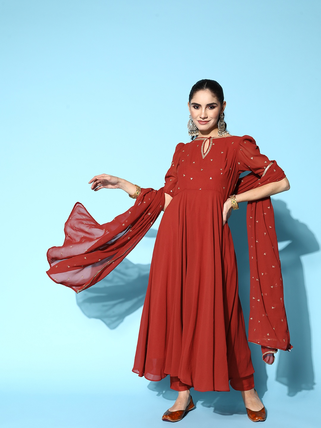 Inddus Women Embroidered Sequinned Kurta With Trousers & With Dupatta, Rust