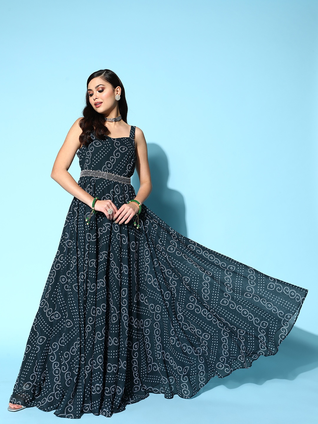 

Inddus Teal Georgette Bandhani Printed Gown with Belt