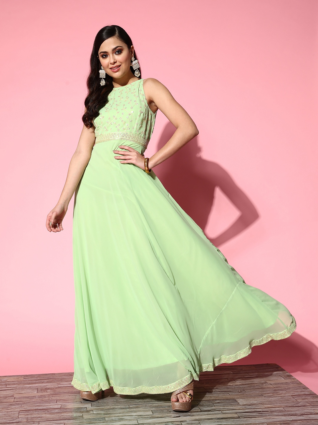 

Inddus Lime Green Floral Embroidered Georgette Maxi Ethnic Dress
