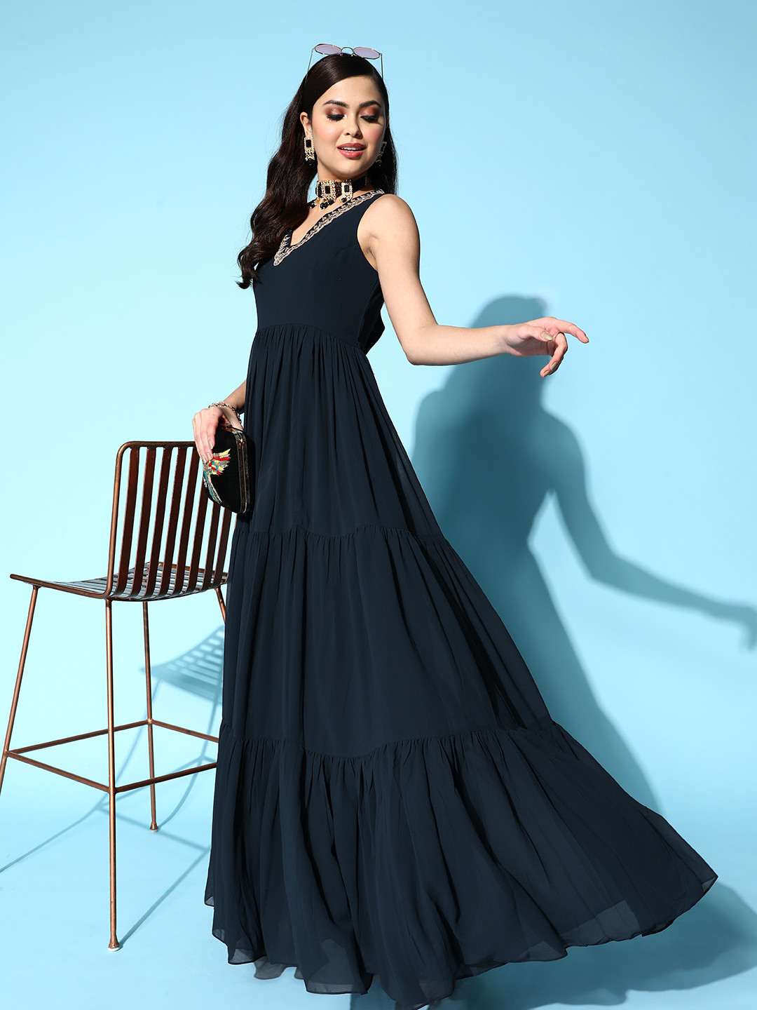 

Inddus Teal Embroidered Georgette Tiered Gown Dress
